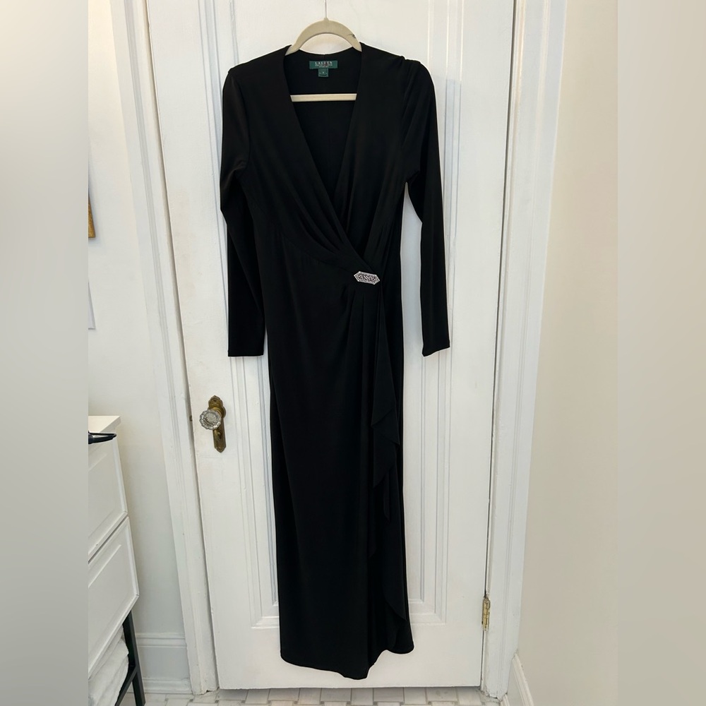 Vintage Ralph Lauren Black Long Sleeve Wrap Maxi Dress with Decorative Pin
